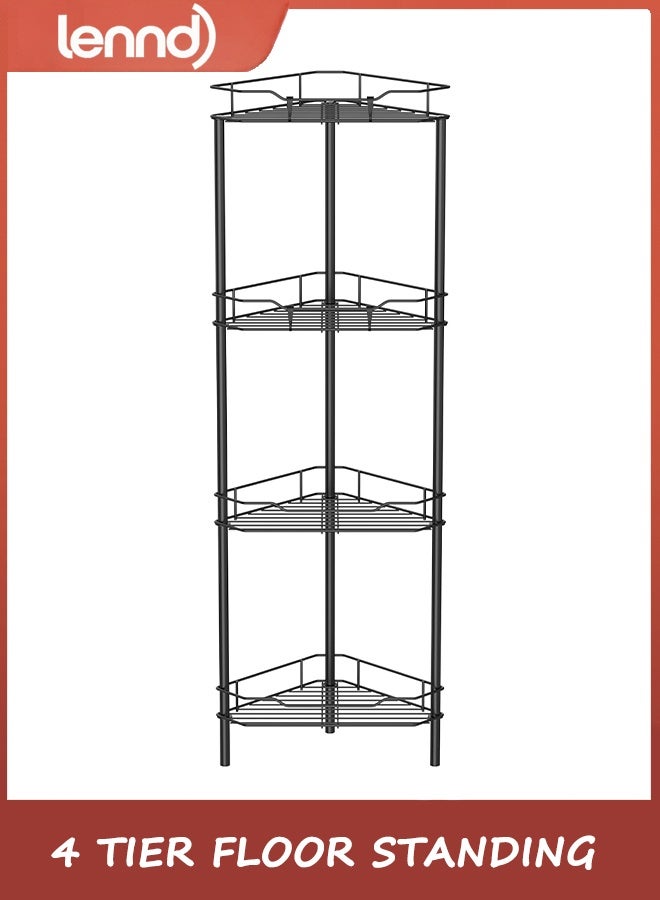 LENND 4 Tier Floor Standing Corner Shower Caddy Organizer Shelf with Hooks, Bathroom Shelves Stand Rack, Black - Image 1